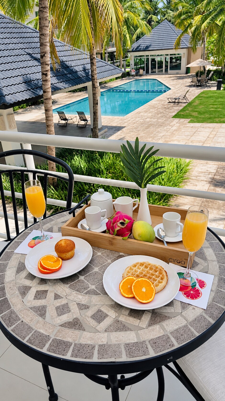 Breakfast served on the balcony overlooking the pool
