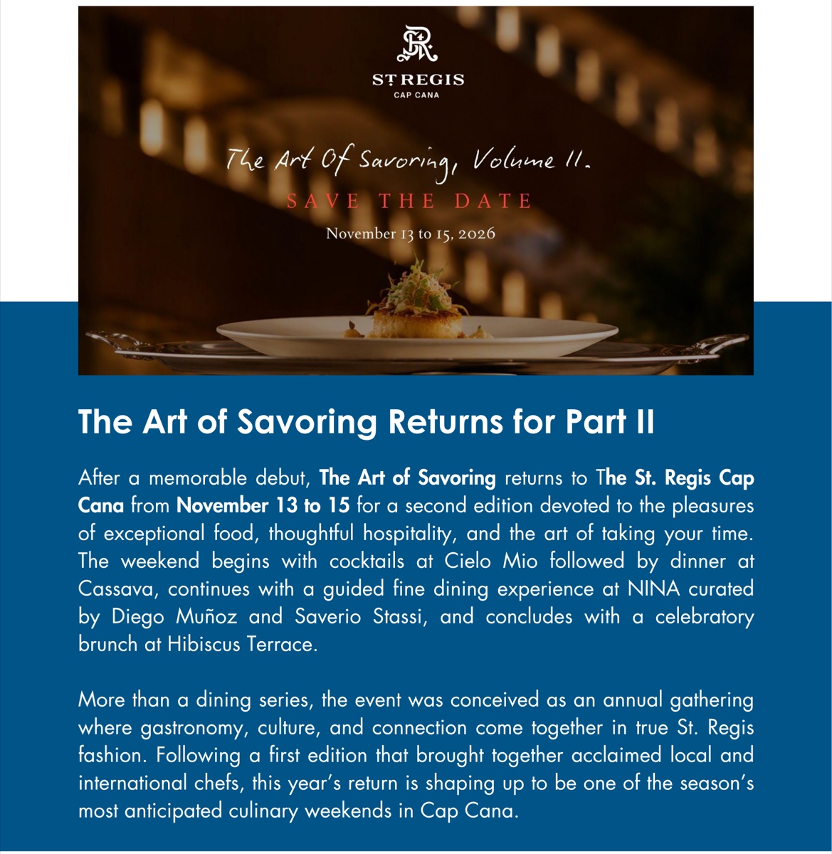 The St. Regis Cap Cana flyer for The Art of Savoring, November 13 to 15, 2026