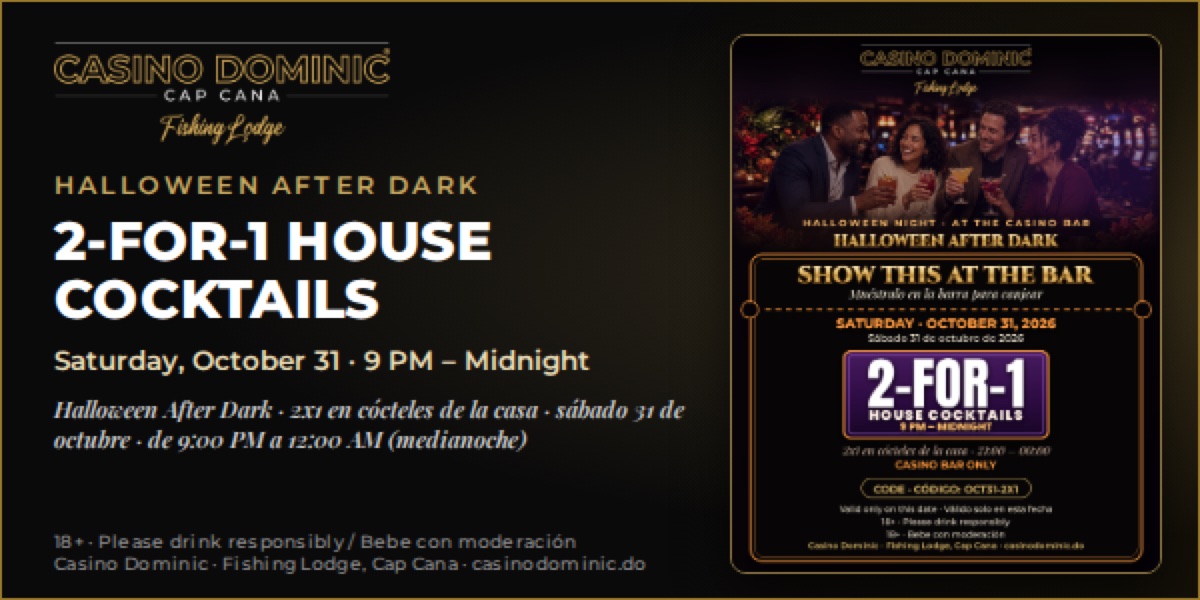 Casino Dominic Halloween After Dark flyer advertising two-for-one house cocktails on October 31