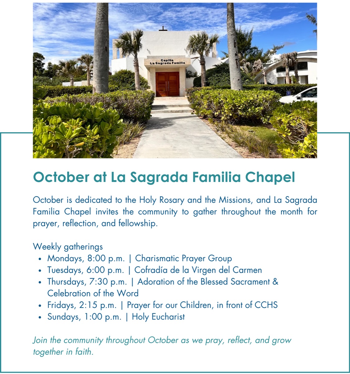 La Sagrada Familia Chapel October flyer listing weekly prayer gatherings and services