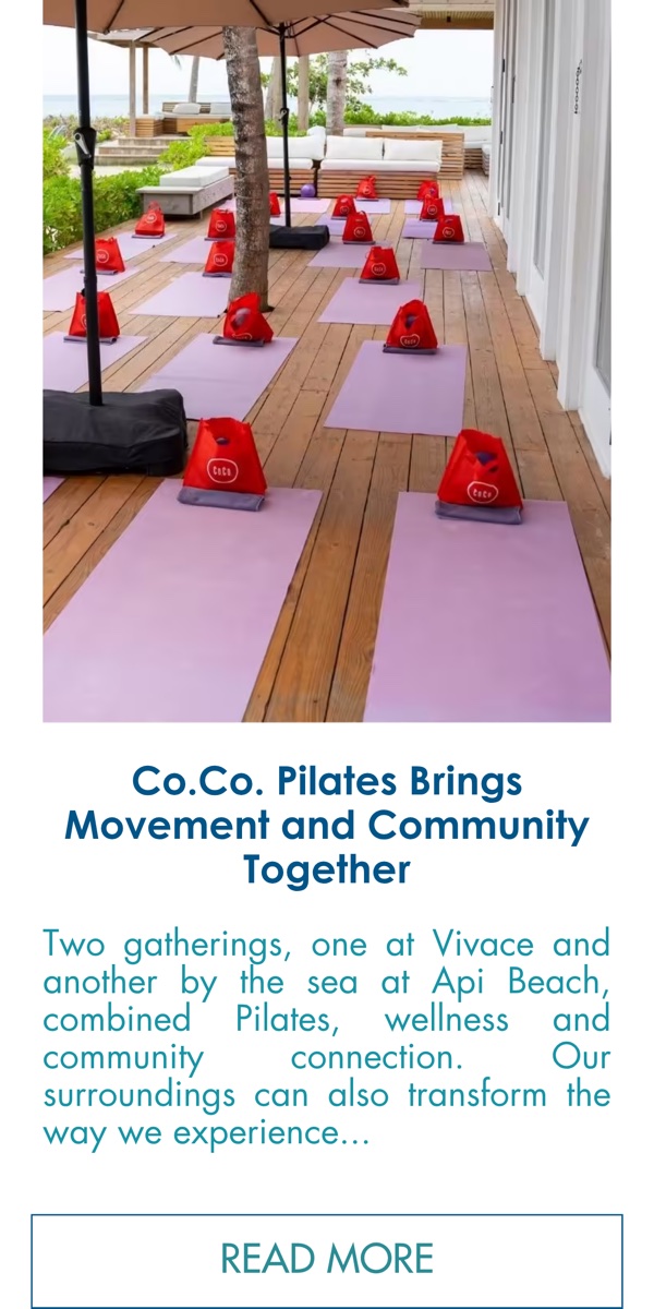 Co.Co. Pilates gathering setup on a wooden deck by the sea