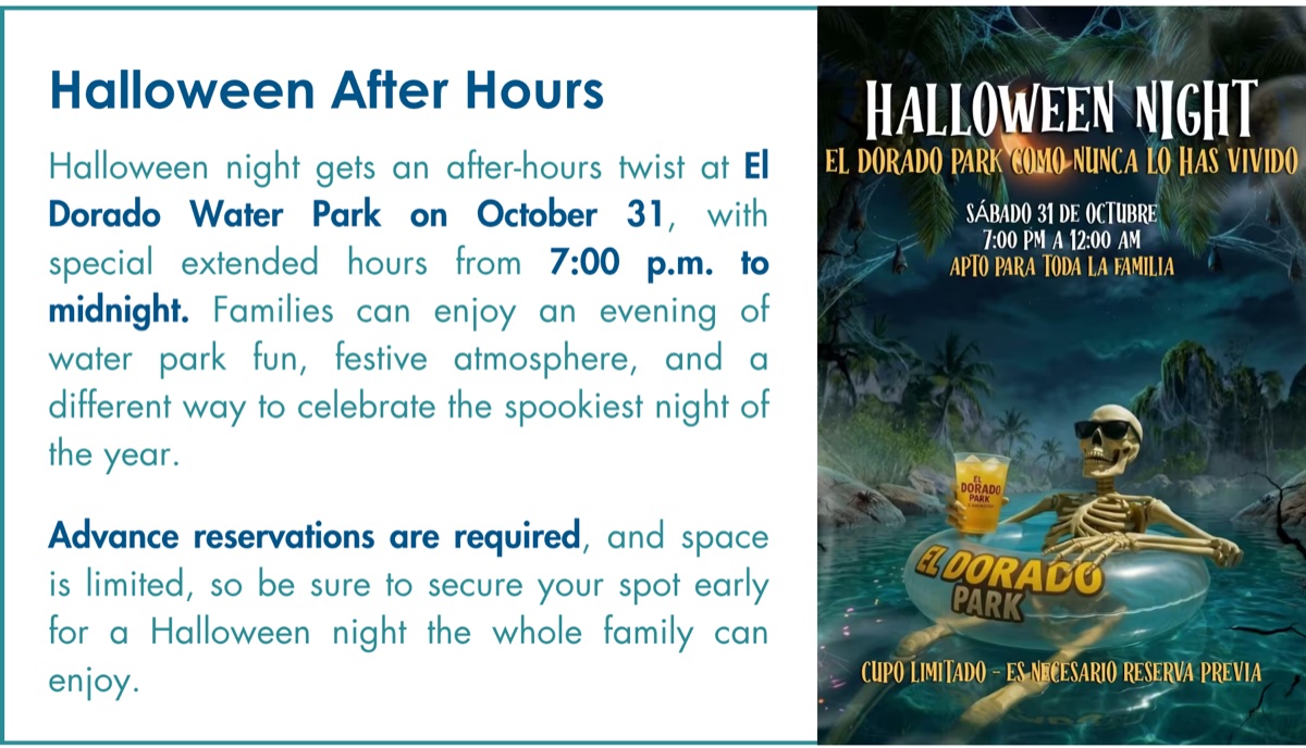 El Dorado Water Park Halloween Night flyer for October 31 from 7 p.m. to midnight