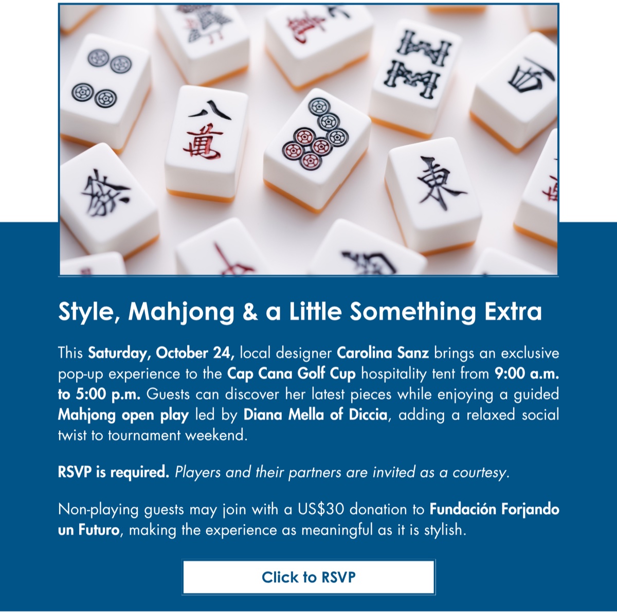 Cap Cana Golf Cup flyer for Carolina Sanz's designer pop-up and guided Mahjong on October 24