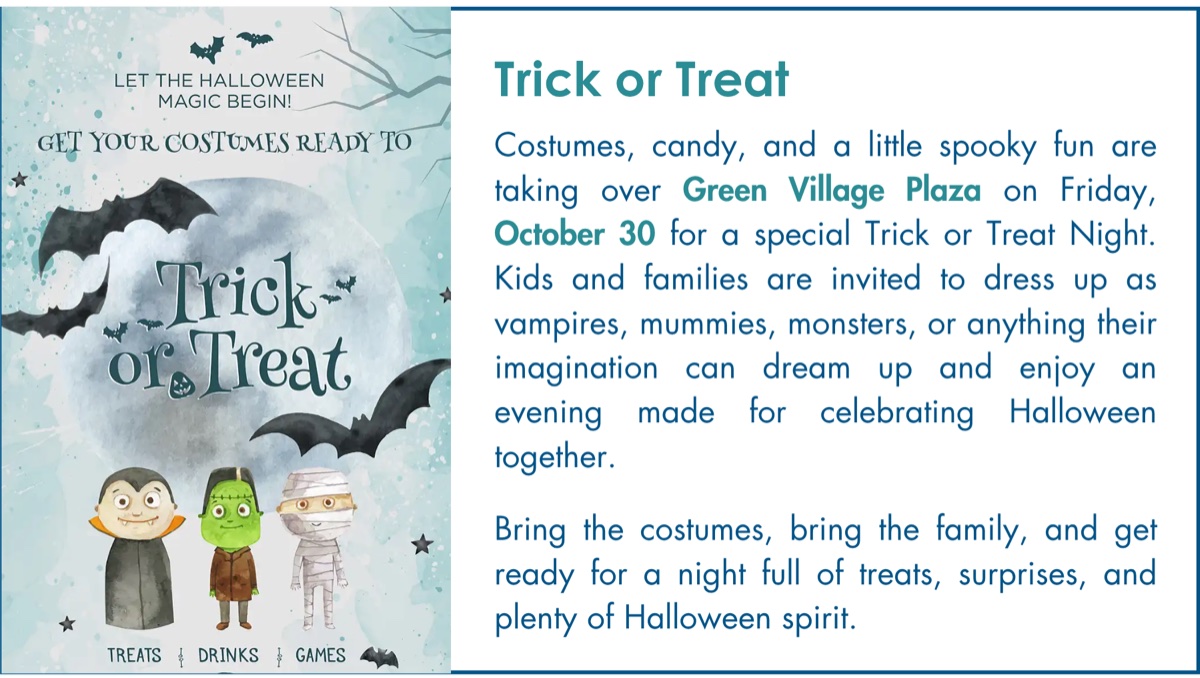 Green Village Plaza Trick or Treat Night flyer for October 30