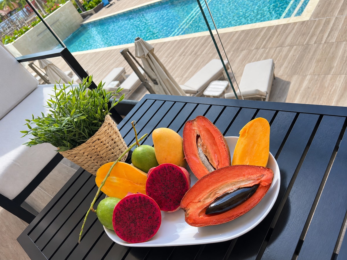 Tropical fruit on the private balcony overlooking the pool