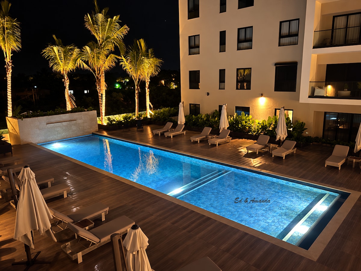 Swimming pool illuminated at night
